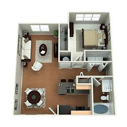 A floor plan of a small apartment with a kitchen, living room, and bathroom.
