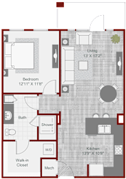 A floor plan of a house with a living room, kitchen, bathroom, and bedroom.