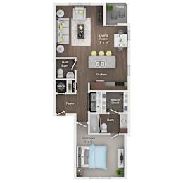 A floor plan of a small apartment with a living room, kitchen, bathroom, and bedroom.