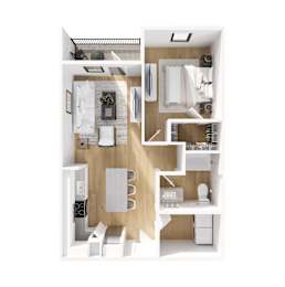 A modern kitchen with white appliances and a wooden floor.