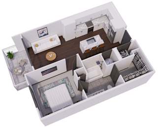 A 3D floor plan of a small apartment with a kitchen, living room, and bathroom.