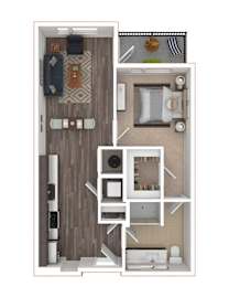 A top-down view of a small apartment with a kitchen, living room, and bedroom.