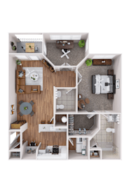 A detailed 3D floor plan of a small apartment with a kitchen, living room, and bedroom.