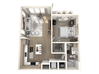 A 3D floor plan of a small apartment with a kitchen, living room, and bedroom