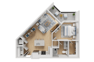 A 3D floor plan of a house with a kitchen, living room, and bathroom.