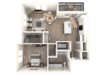 A 3D floor plan of a house showing a kitchen, living room, and bathroom.