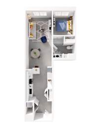 A top down view of a small apartment with a kitchen, living room and bathroom.