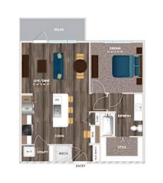 A floor plan of a small apartment layout with a living room, dining room, kitchen, and bathroom.
