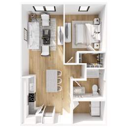 A modern, white and wood kitchen and living room.