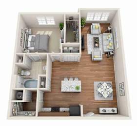 A 3D floor plan of a small apartment with a kitchen, living room, and bathroom.