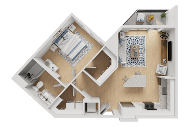 A 3D floor plan of a house showing a kitchen, living room, and bathroom.