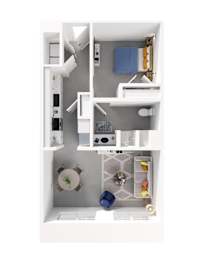 A top down view of a small apartment with a kitchen, living room, and bathroom.