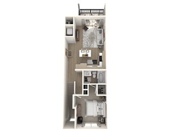 A 3D floor plan of a small apartment with a kitchen, living room, and bathroom