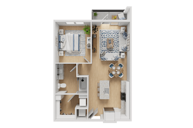 A 3D rendered image of a small apartment layout.