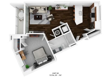 a stylized floor plan of a bedroom with a bathroom and a living room