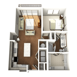 a 3d floor plan of a room with a bedroom and a bathroom