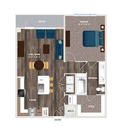 A floor plan of a small apartment with a living room, kitchen, and bedroom.