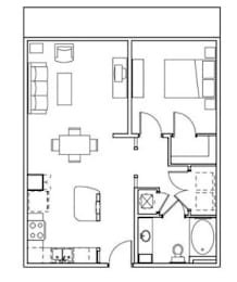 A floor plan of a house with a kitchen, living room, and bathroom.
