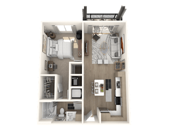 A 3D floor plan of a small apartment with a kitchen, living room, and bathroom