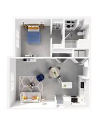 A white kitchen with a blue chair and a white fridge.