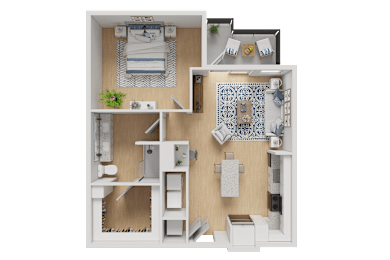 A 3D floor plan of a small apartment with a bedroom, living room, and kitchen.