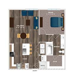 A floor plan of a living space with a kitchen, dining area, and a bedroom.