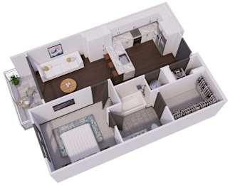 A 3D floor plan of a small apartment with a living room, kitchen, and bathroom.