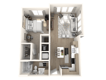 A 3D floor plan of a small apartment with a kitchen, living room, and bathroom