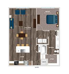 A floor plan of a house with a living room, dining room, kitchen, and bathroom.