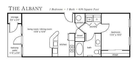 A floor plan of a one bedroom apartment in The Albany with a bath and a total area of 636 square feet.