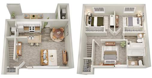 Two floor plan images of a house with a living room, kitchen, and bedrooms.