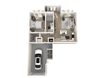 A 3D floor plan of a house with a car parked in the garage