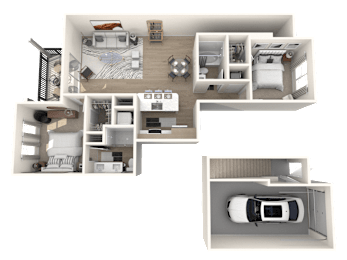 A 3D floor plan of a house with a car parked in the garage