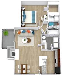 A top-down view of a modern apartment layout.
