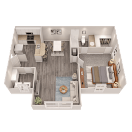A top-down view of a well-furnished apartment with a kitchen, living room, and bedroom.