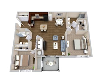 A top-down view of a house interior with a living room, kitchen, and dining area.
