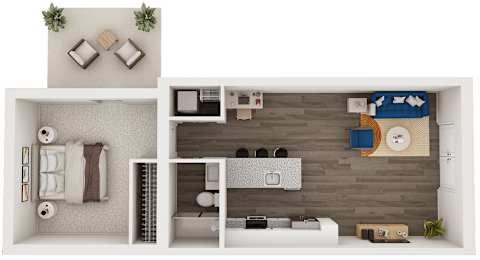 A top-down view of a small apartment with a bedroom, living room, and kitchen.