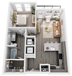 A modern apartment layout with a kitchen, living room, and bathroom.