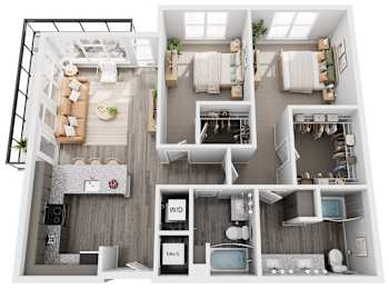 A top-down view of a modern apartment layout with labeled rooms.