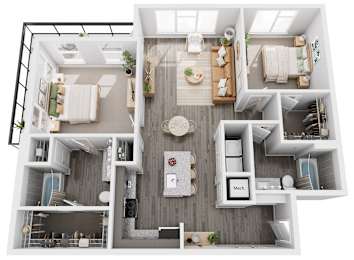 A top-down view of a modern apartment layout with a kitchen, living room, and bathroom.