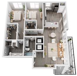 A top-down view of a modern apartment layout with a living room, dining area, kitchen, and bedrooms.