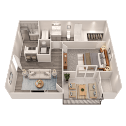 A 3D floor plan of a modern apartment with two bedrooms, a living room, a kitchen, and a bathroom.