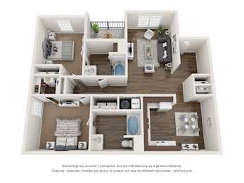 A 3D floor plan of a house with multiple rooms and furniture.