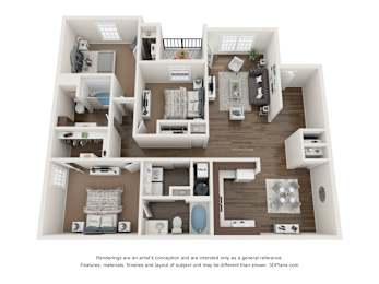 A 3D floor plan of a house with a kitchen, living room, and bathroom.