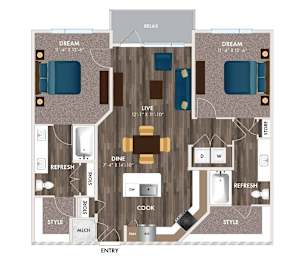 A floor plan of a house with two bedrooms, a living room, a dining room, a kitchen, a study, a pantry, and a garage.