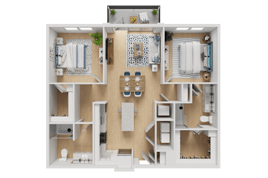 A 3D floor plan of a small apartment with two bedrooms, a living room, and a kitchen.