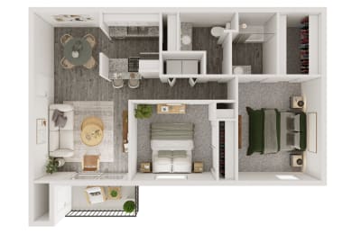 a stylized floor plan of a bedroom with a bathroom and a living room