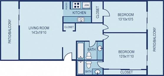 A floor plan of a small apartment with a living room, kitchen, and two bedrooms.