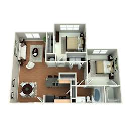 A 3D floor plan of a house showing a kitchen, living room, two bedrooms, and a bathroom.