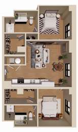 A 3D floor plan of a house with a kitchen, living room, and bedrooms.